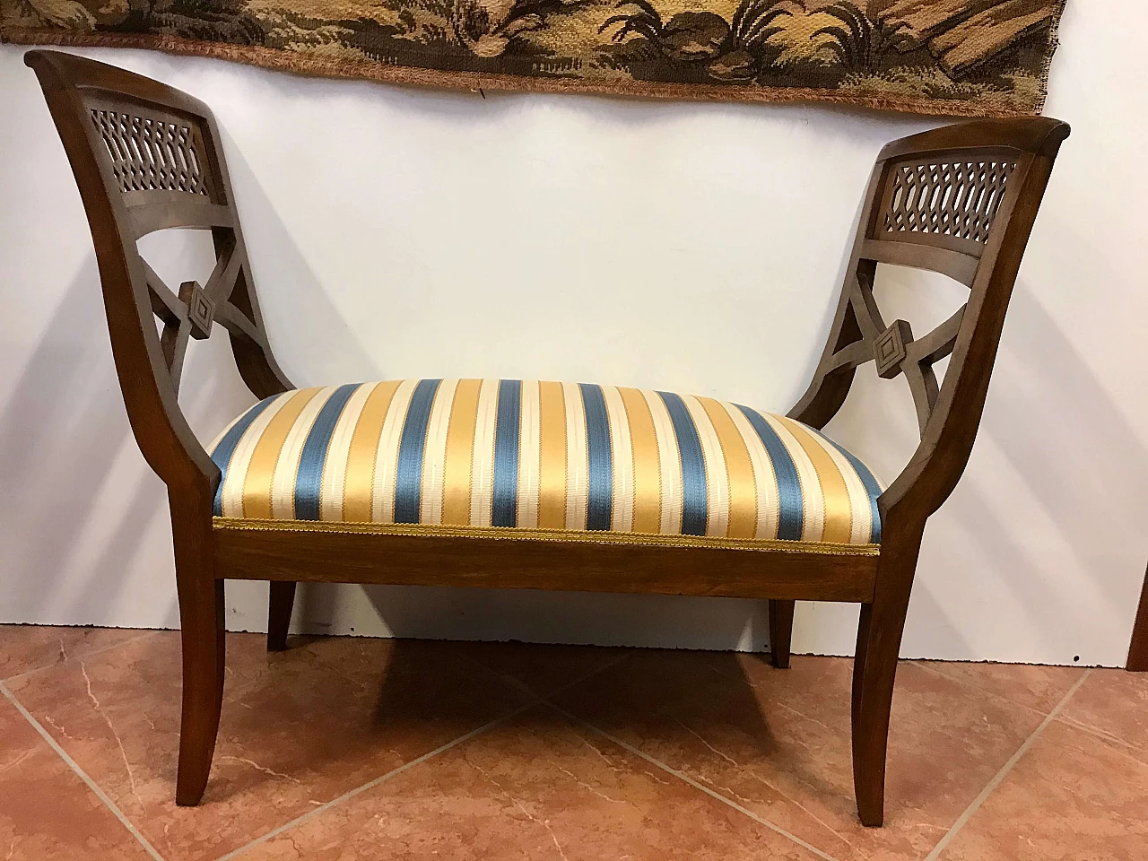 Piedmontese bench in walnut and fabric, early 19th century 1251583