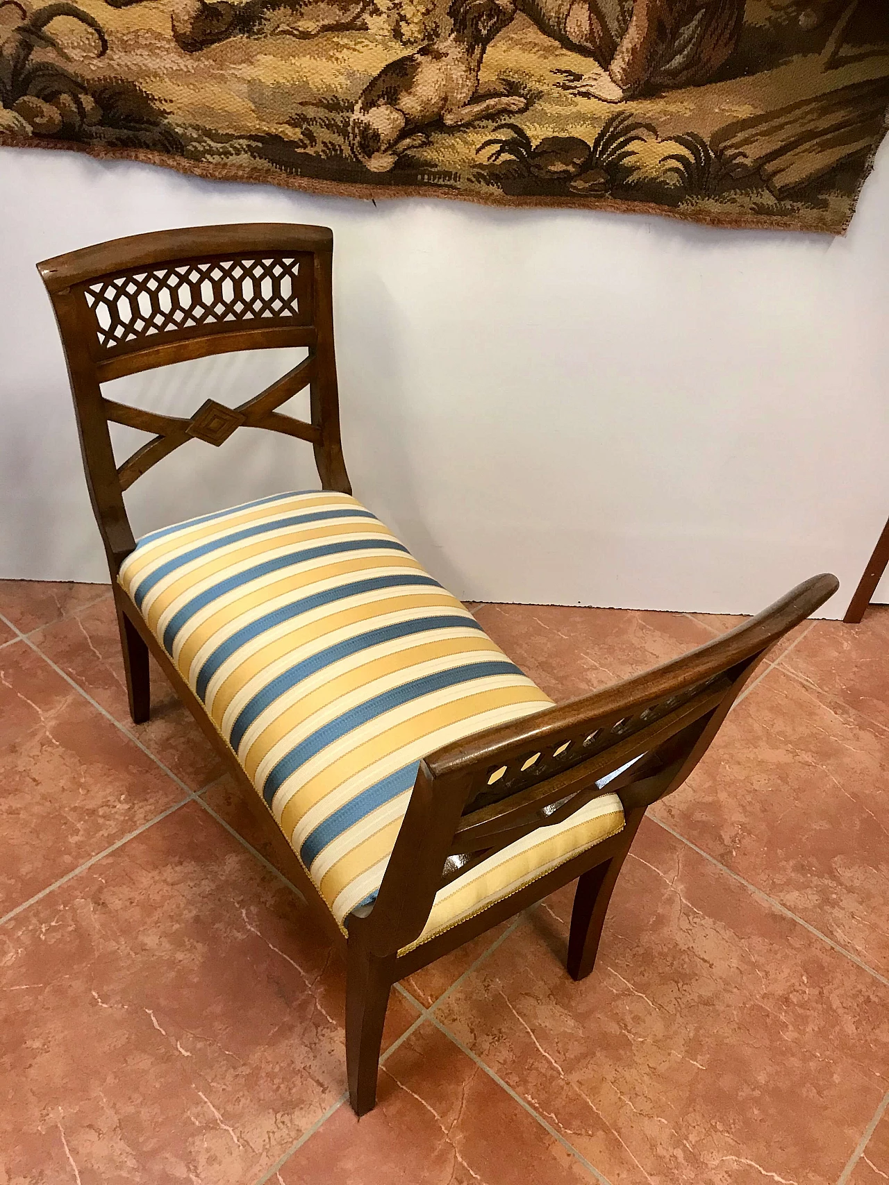 Piedmontese bench in walnut and fabric, early 19th century 1251585