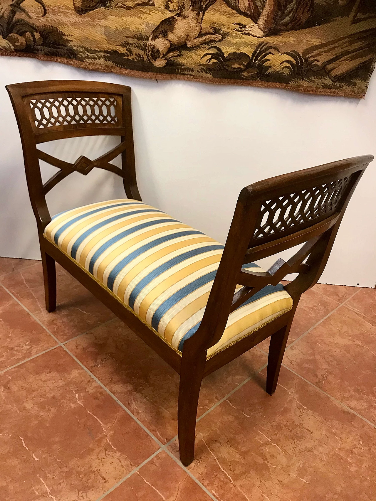 Piedmontese bench in walnut and fabric, early 19th century 1251590