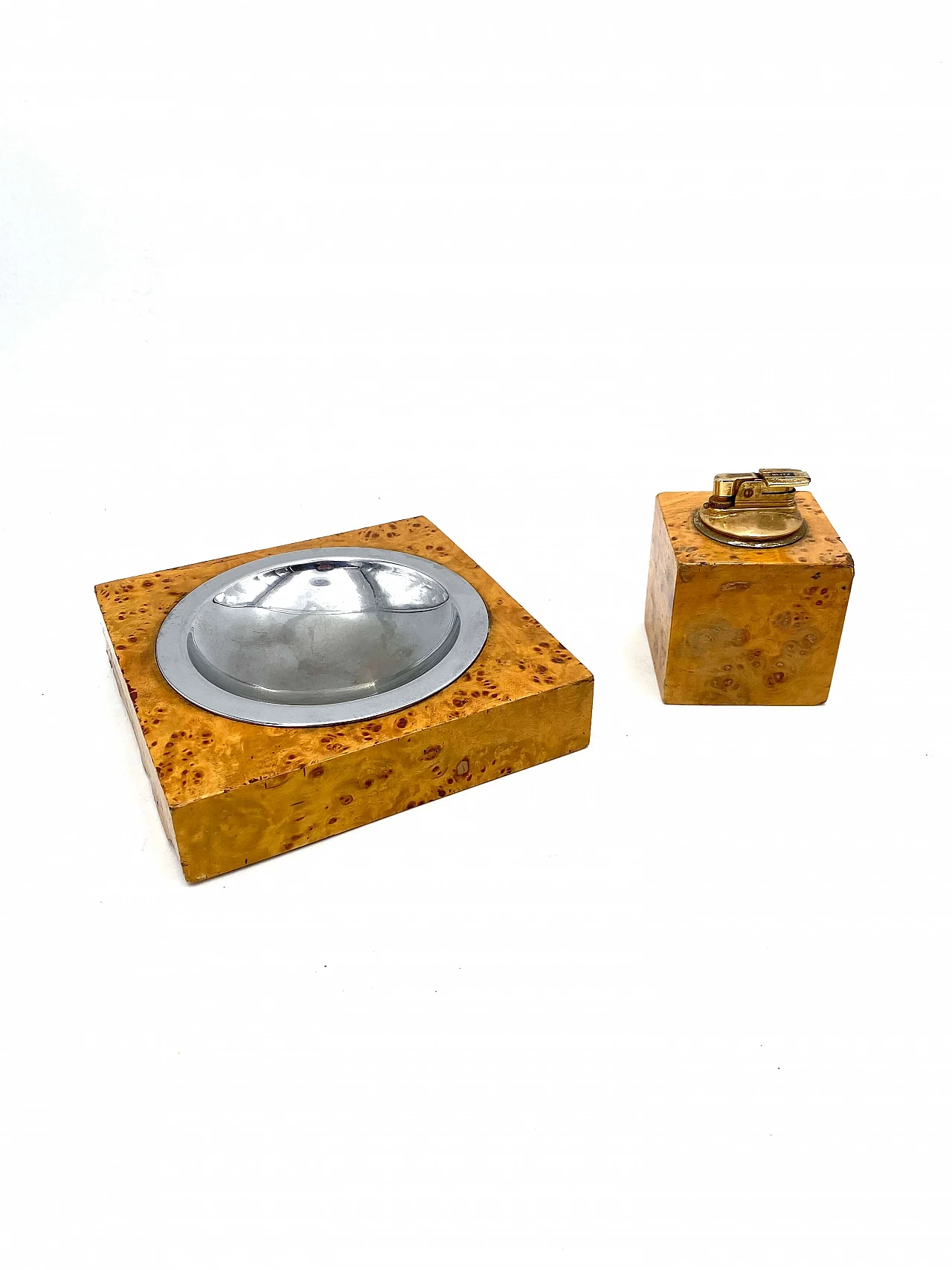 Ashtray and table lighter in briarwood and brass, 1970s 1251833