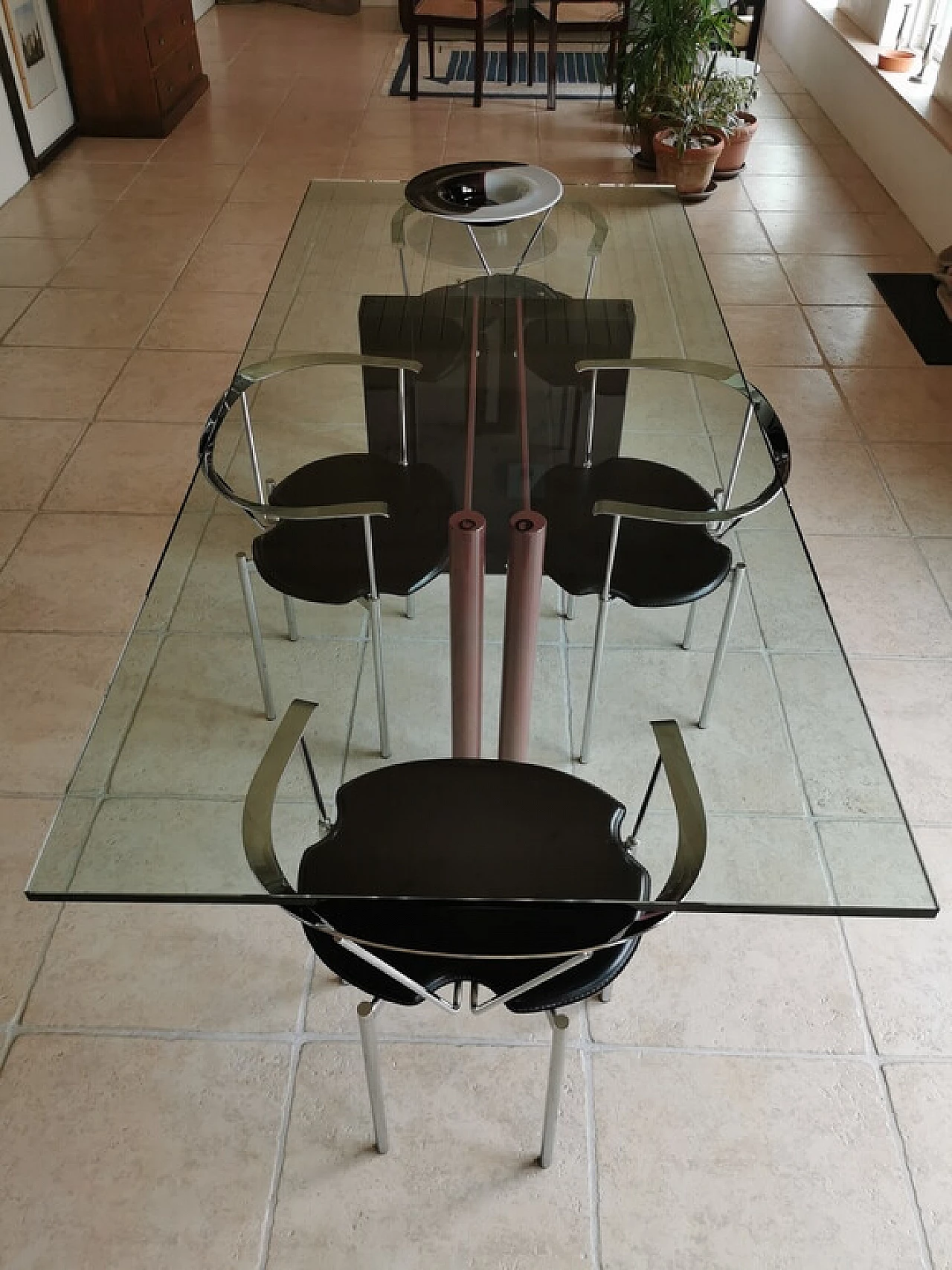 4 Dining chairs with chrome frame and leather seats, 80s 1251846