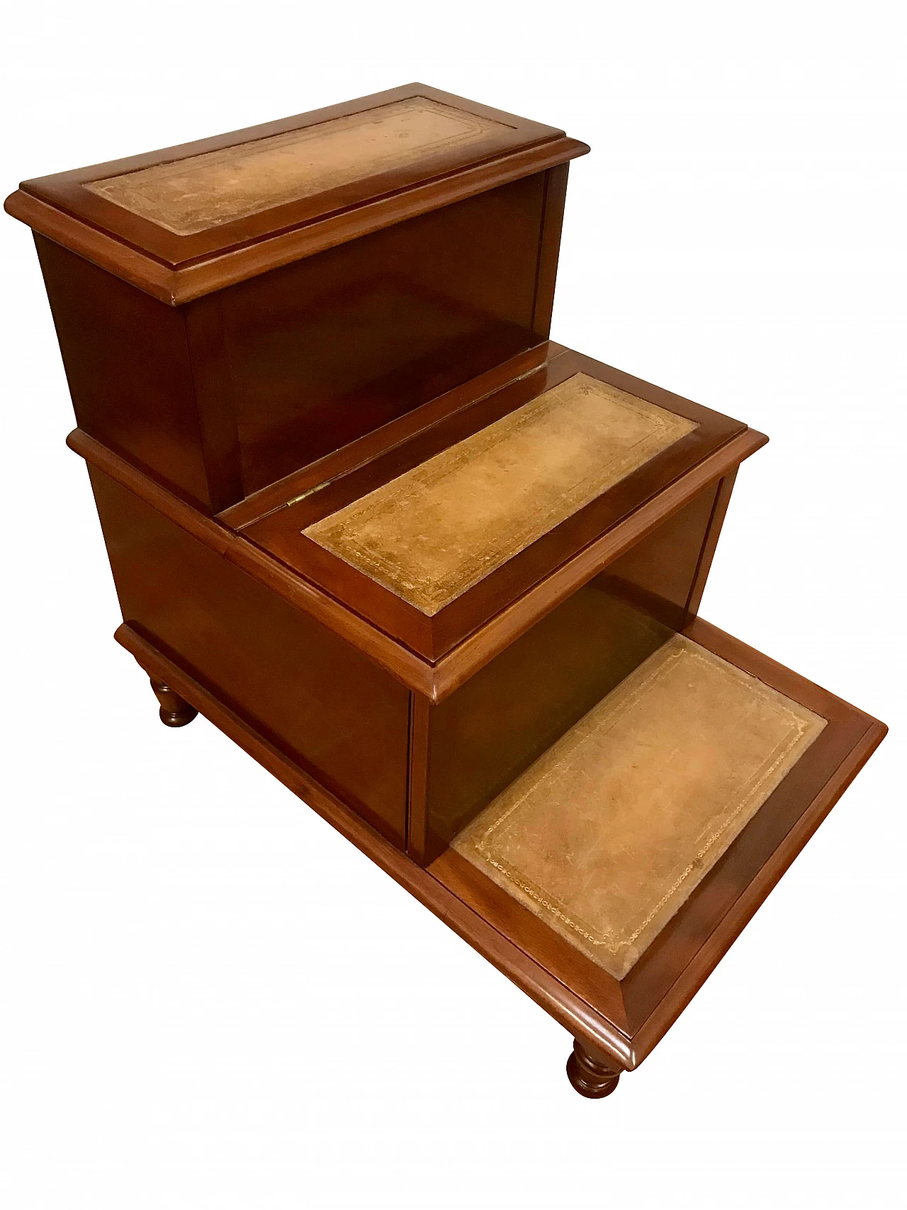 3 steps library ladder in mahogany and leather with 2 compartments, 19th century 1251930