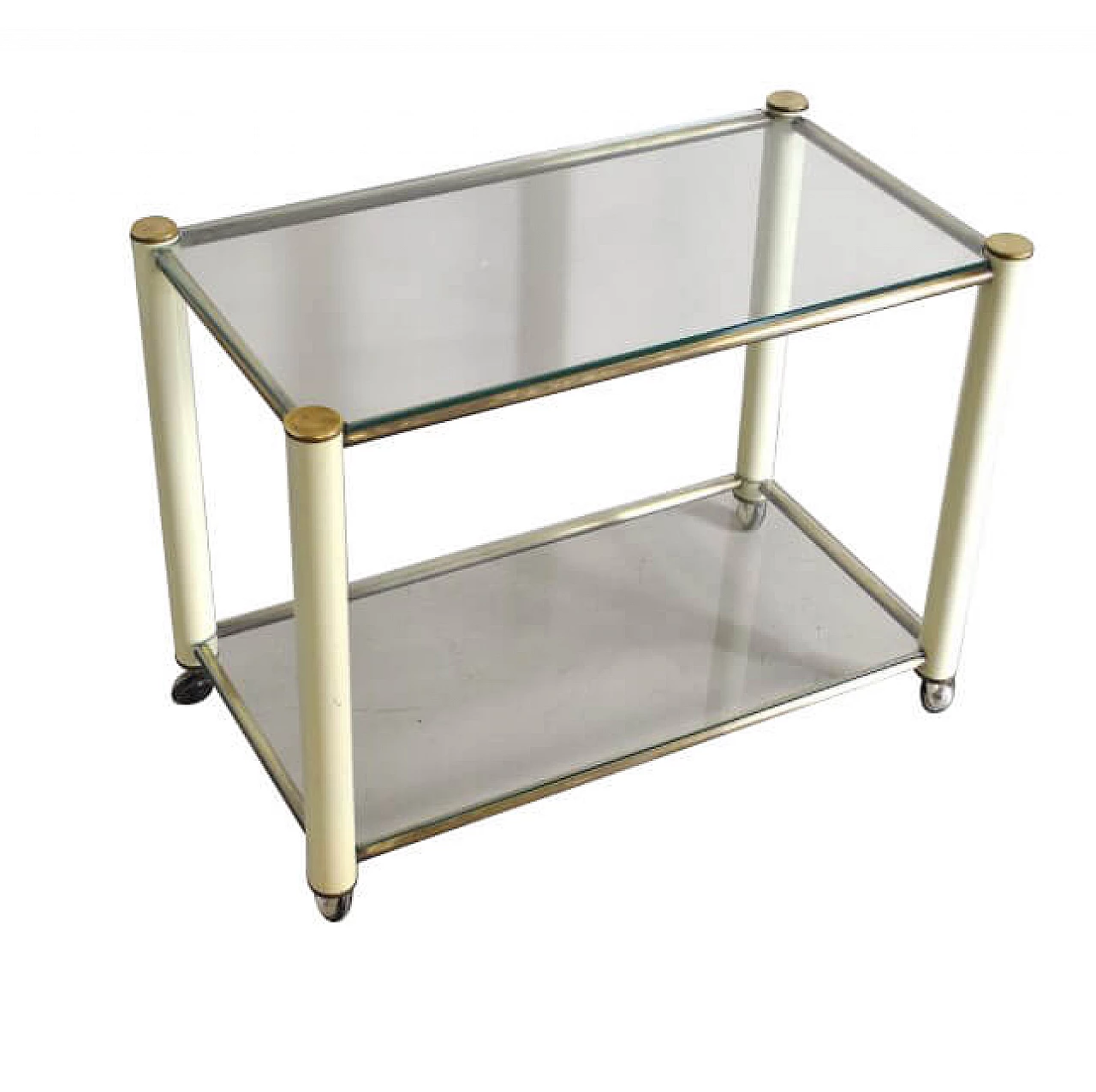 Trolley in brass and lacquered metal with 2 glass shelves in the style of Tommaso Barbi, 70s 1252768
