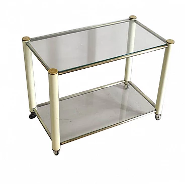 Trolley in brass and lacquered metal with 2 glass shelves in the style of Tommaso Barbi, 70s