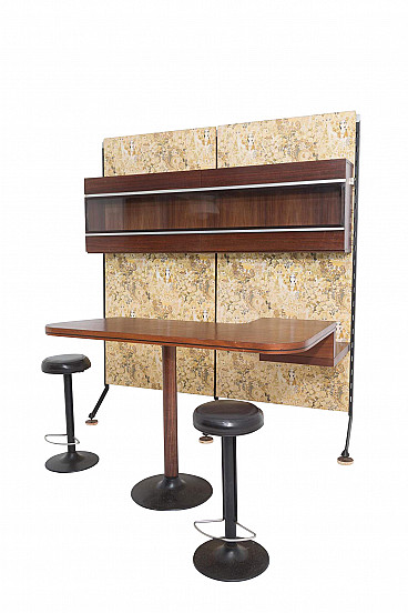 Bar cabinet in wood, painted iron, brass and glass with pair of stools in skai by Ico Parisi for MIM, 60s