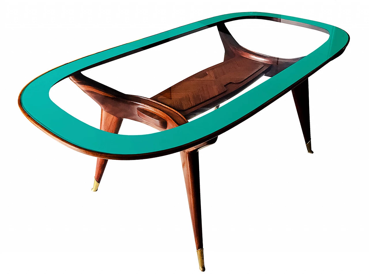 Tavolo da pranzo ovale in legno e vetro di Vittorio Dassi, anni '50 1252806
