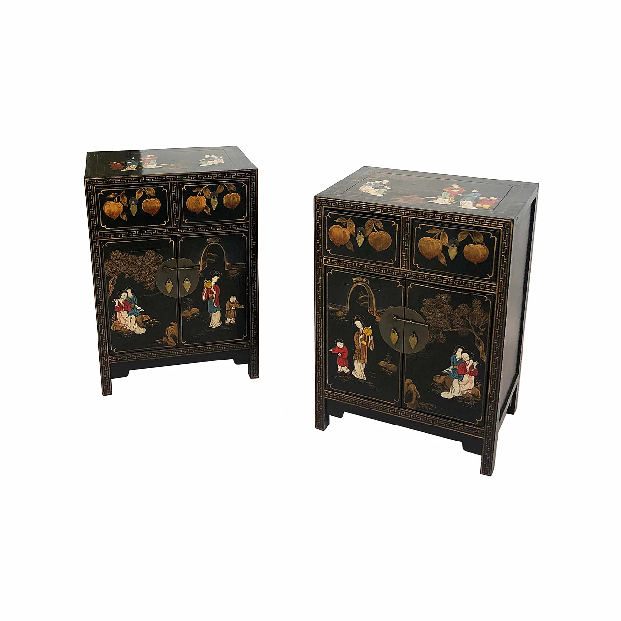 Lacquered wooden chinoiserie bedside tables, 70s 1252933