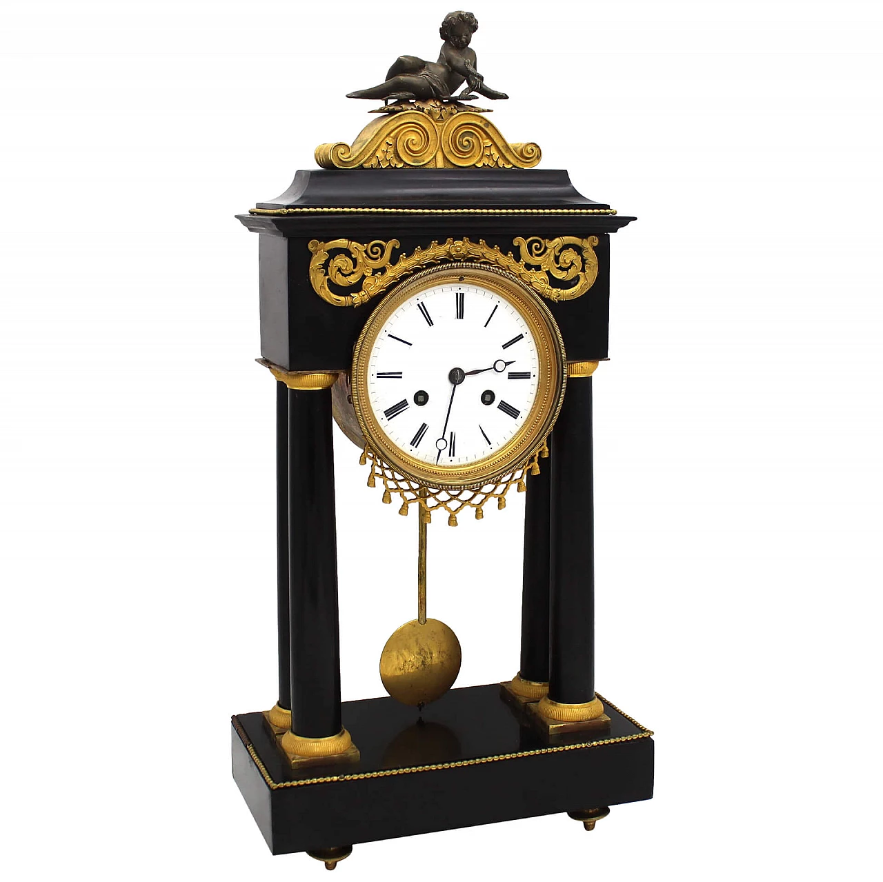 Direttorio clock with pendulum in gilded bronze and black Belgium marble, 18th century 1253348