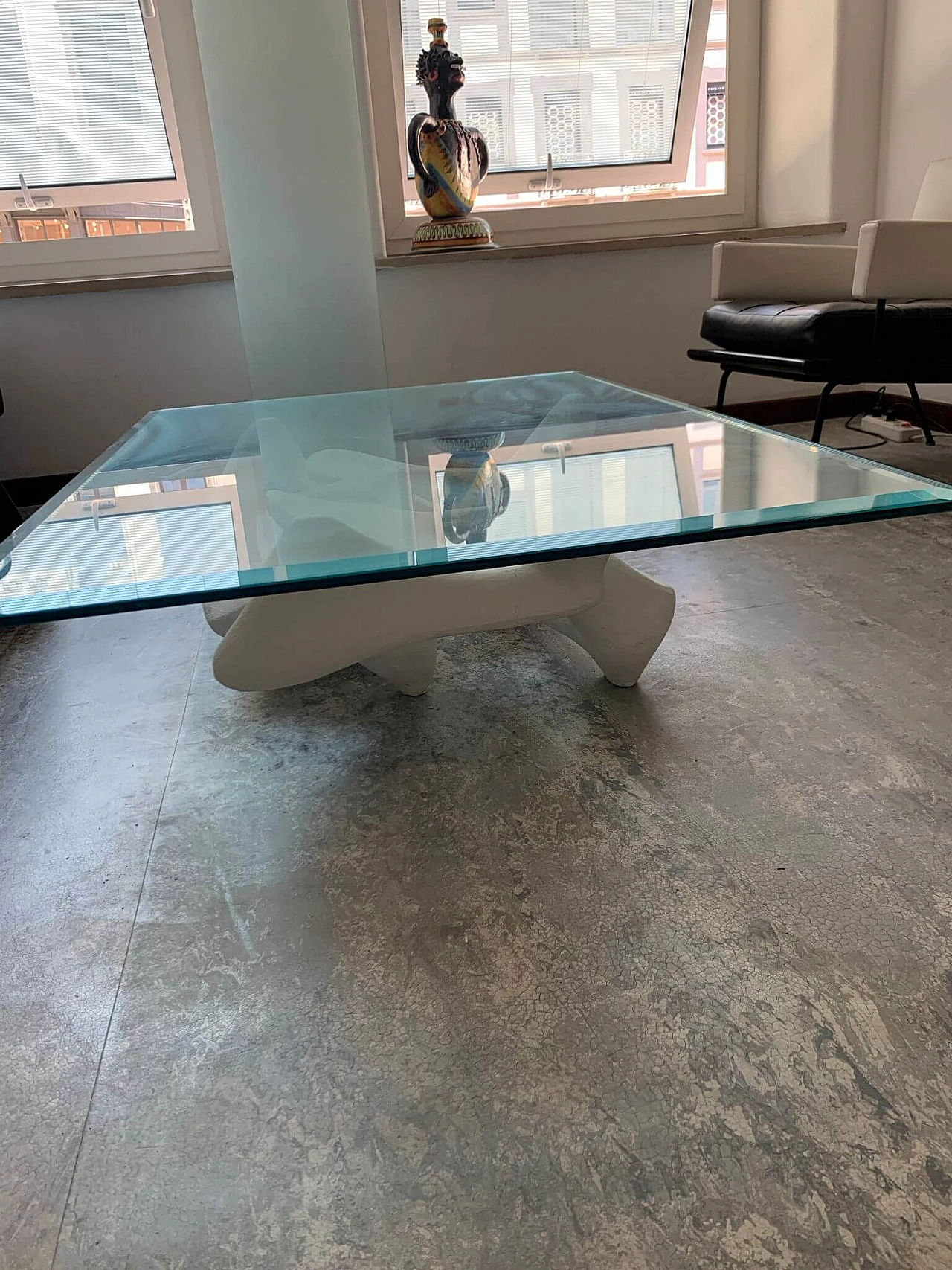 Coffee table with glass and wood Kamasutra sculpture, 90s 1253411