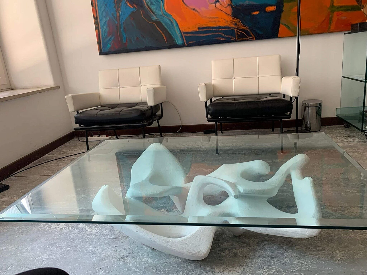 Coffee table with glass and wood Kamasutra sculpture, 90s 1253413