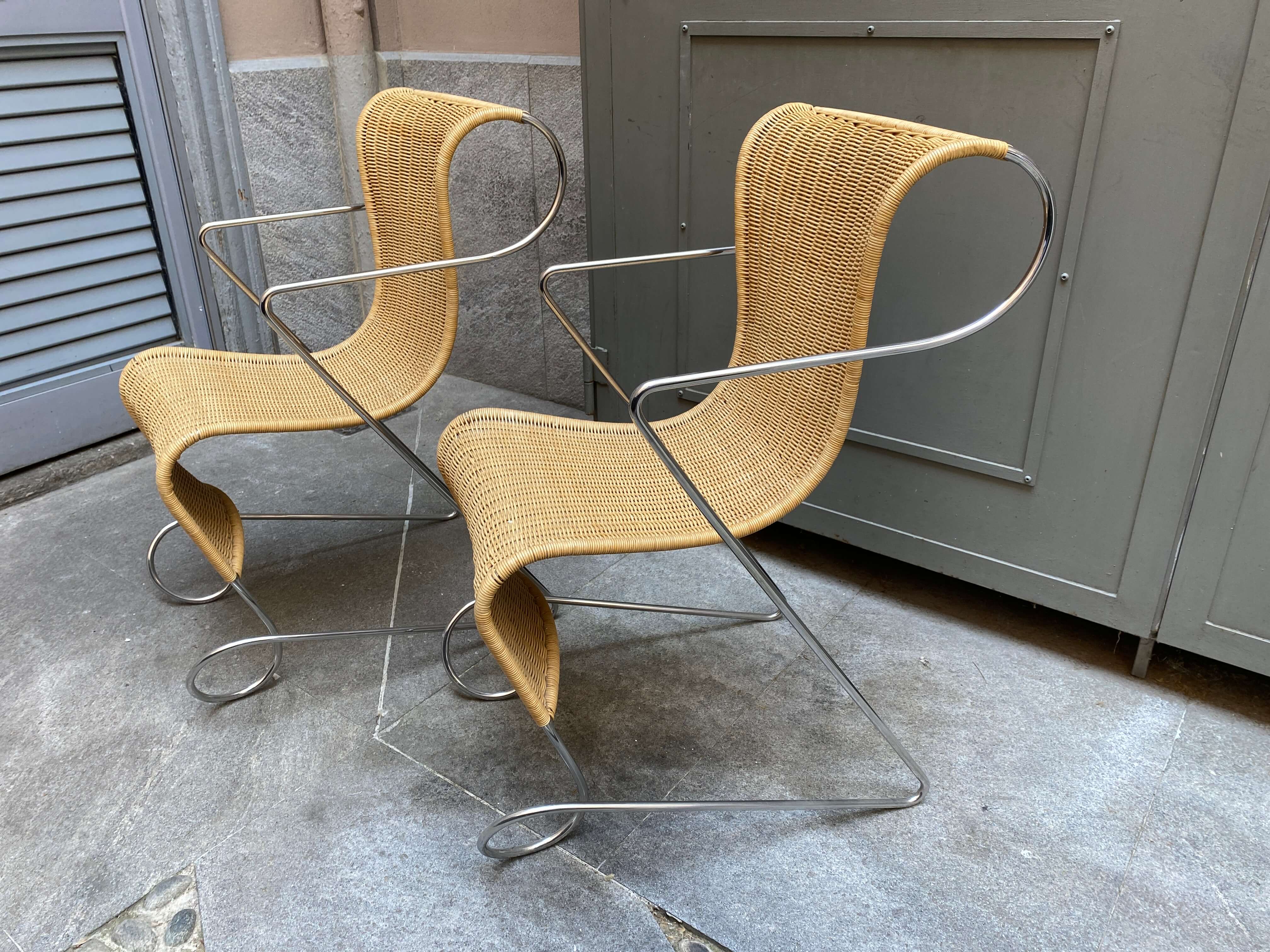 4 Zigo steel and wicker armchairs by Ron Arad for Driade, 1960s