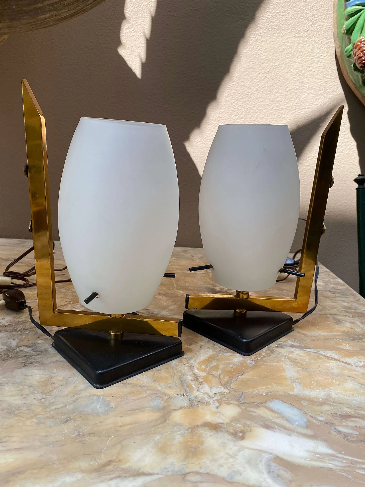 Pair of glass and brass table lamps attributed Stilnovo, 1950s 1253751