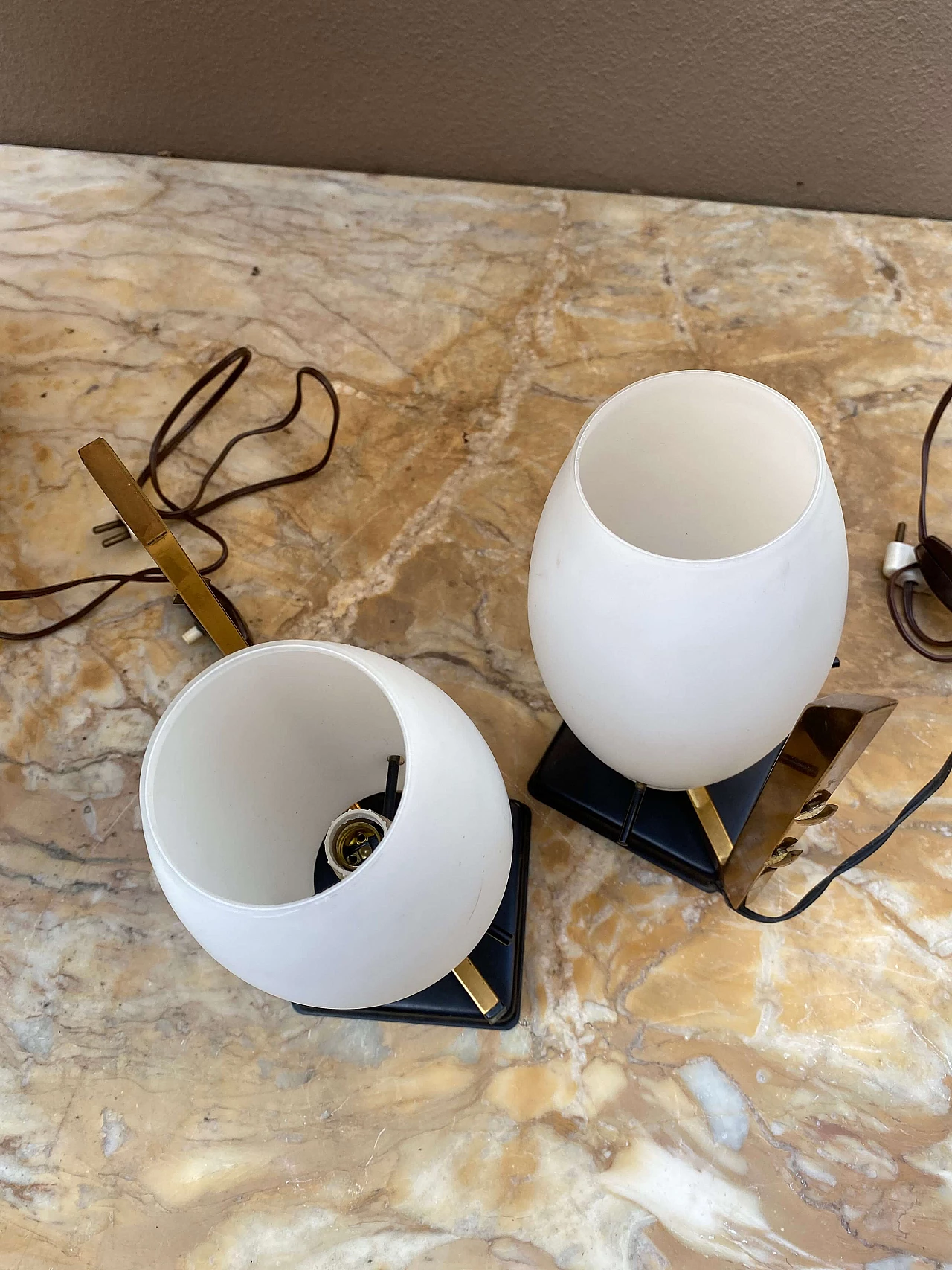 Pair of glass and brass table lamps attributed Stilnovo, 1950s 1253754