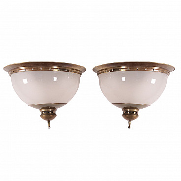 Pair of wall or ceiling lamps in glass and brass by Luigi Caccia Dominioni for Azucena, 60s