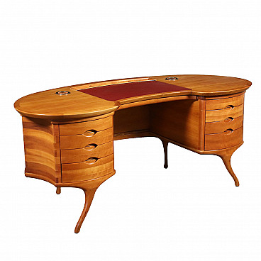 Bean Desk In Solid Cherry Wood Brass And Leather By Roberto Lazzeroni For Ceccotti 90s Intondo