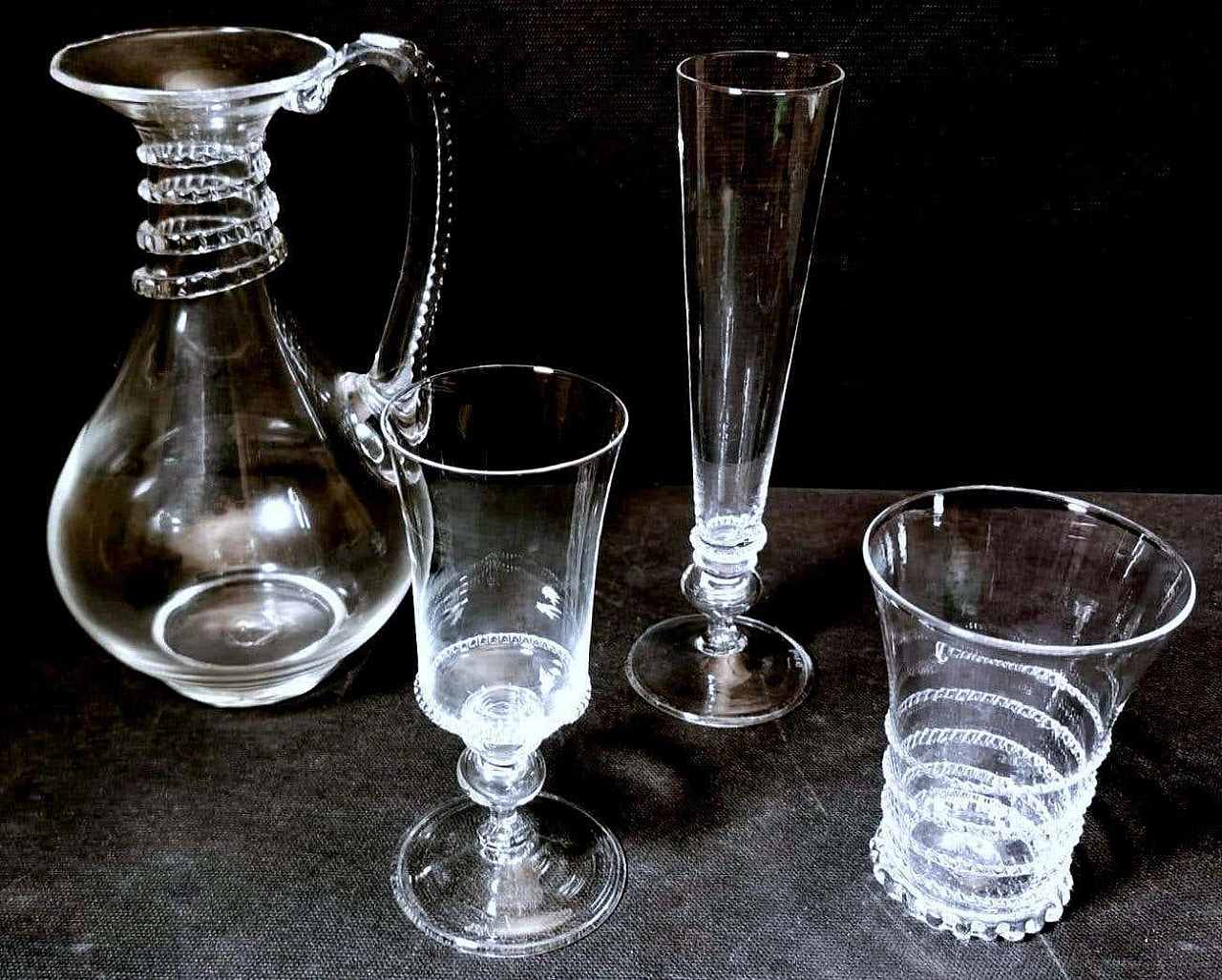 Service of 36 glasses and pitcher in blown Murano glass with decorations, 50s 1254419