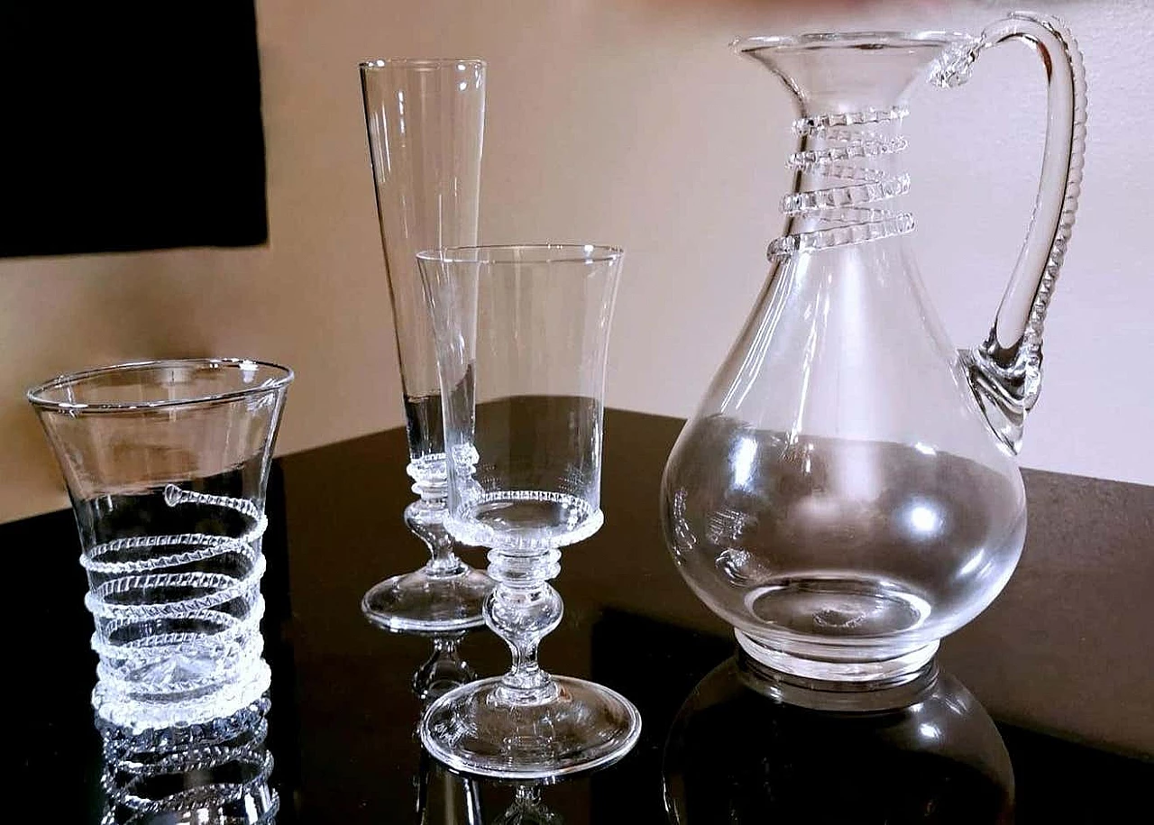 Servizio di 36 bicchieri e brocca in vetro soffiato di Murano con decorazioni, anni '50 1254421