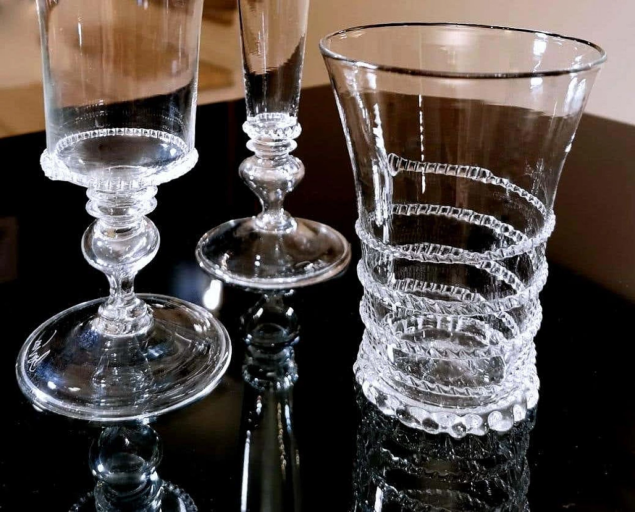 Service of 36 glasses and pitcher in blown Murano glass with decorations, 50s 1254423
