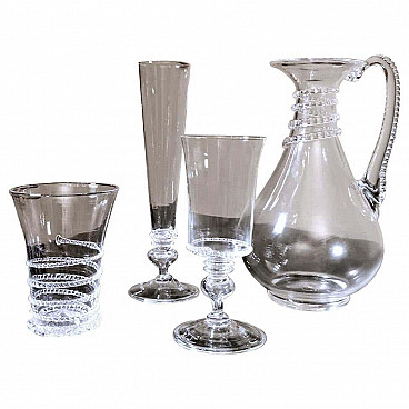 Service of 36 glasses and pitcher in blown Murano glass with decorations, 50s