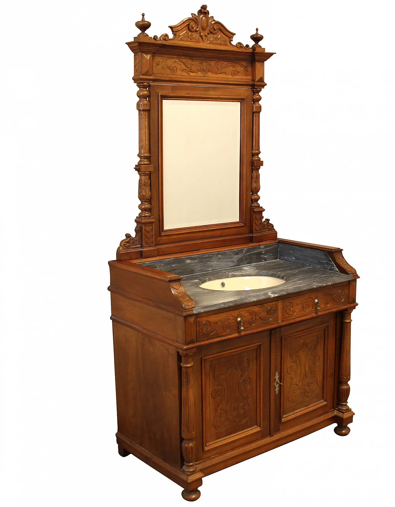 Mobile toilette con specchiera in noce massello e piano in marmo, '800 1255122