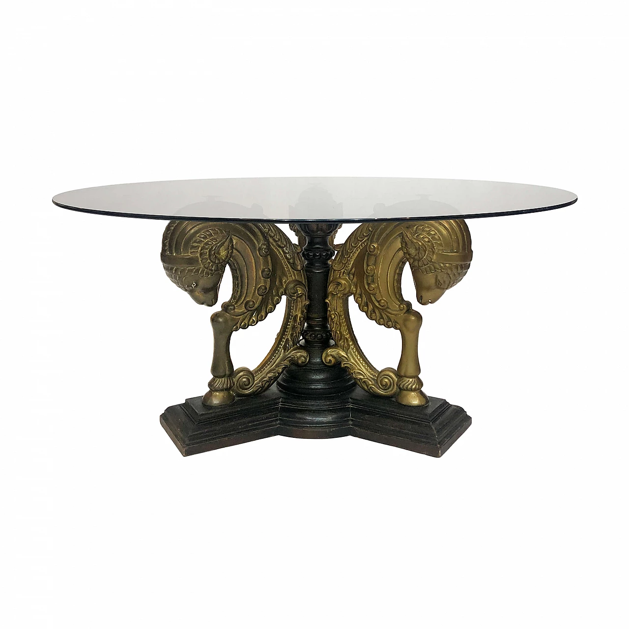 Table with brass ram's heads, oak and smoked glass, 70s 1255324