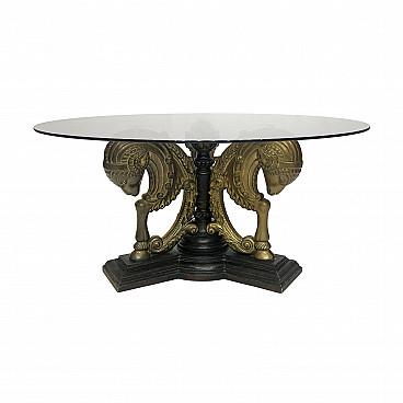 Table with brass ram's heads, oak and smoked glass, 70s