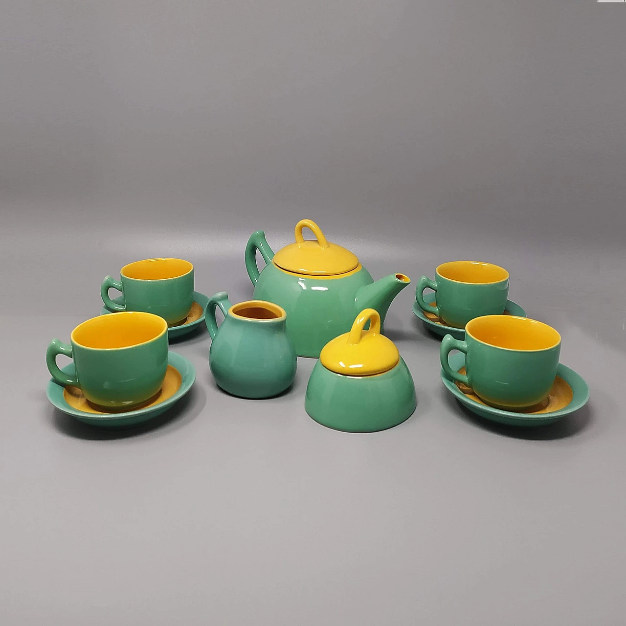 Servizio da tè o caffè verde e giallo in ceramica di Naj Oleari, anni '80 1255691