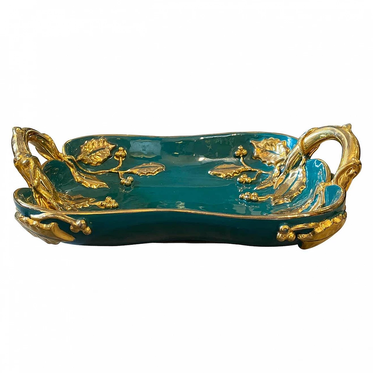 Centrotavola in ceramica verde e oro di Deruta, anni '50 1255877