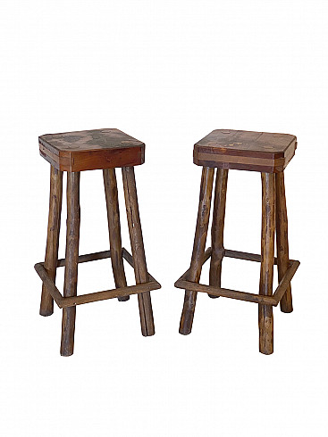 Pair of wooden bar stools, 70s