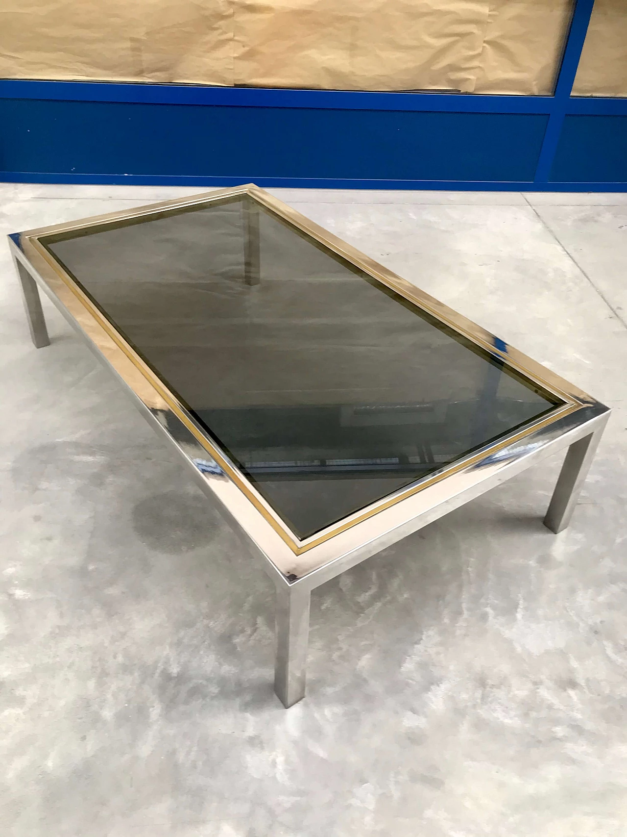 Tavolino in metallo, ottone e vetro fumè, anni ’70 1256032