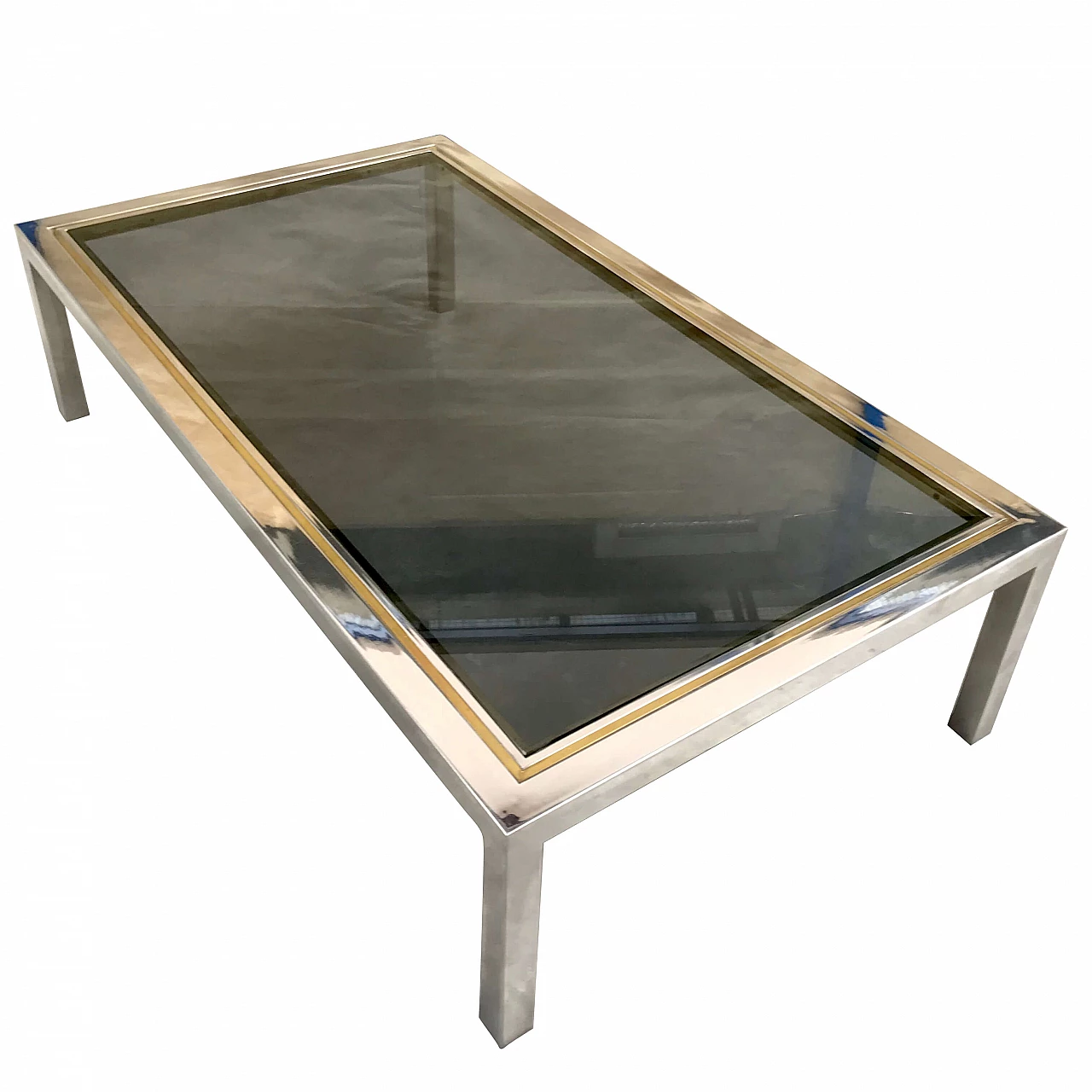 Tavolino in metallo, ottone e vetro fumè, anni ’70 1256047