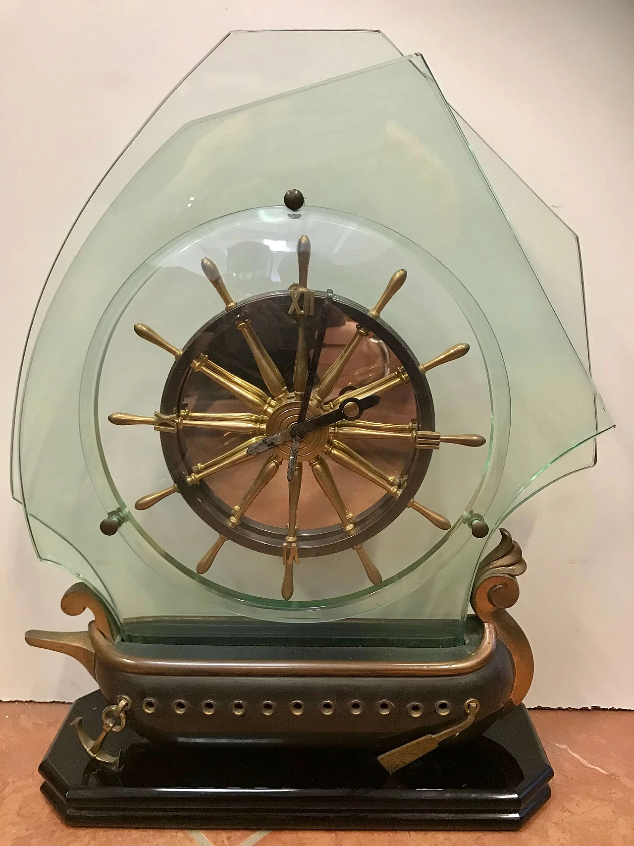 Bronze sailing ship clock with crystal sails, 50s 1256051