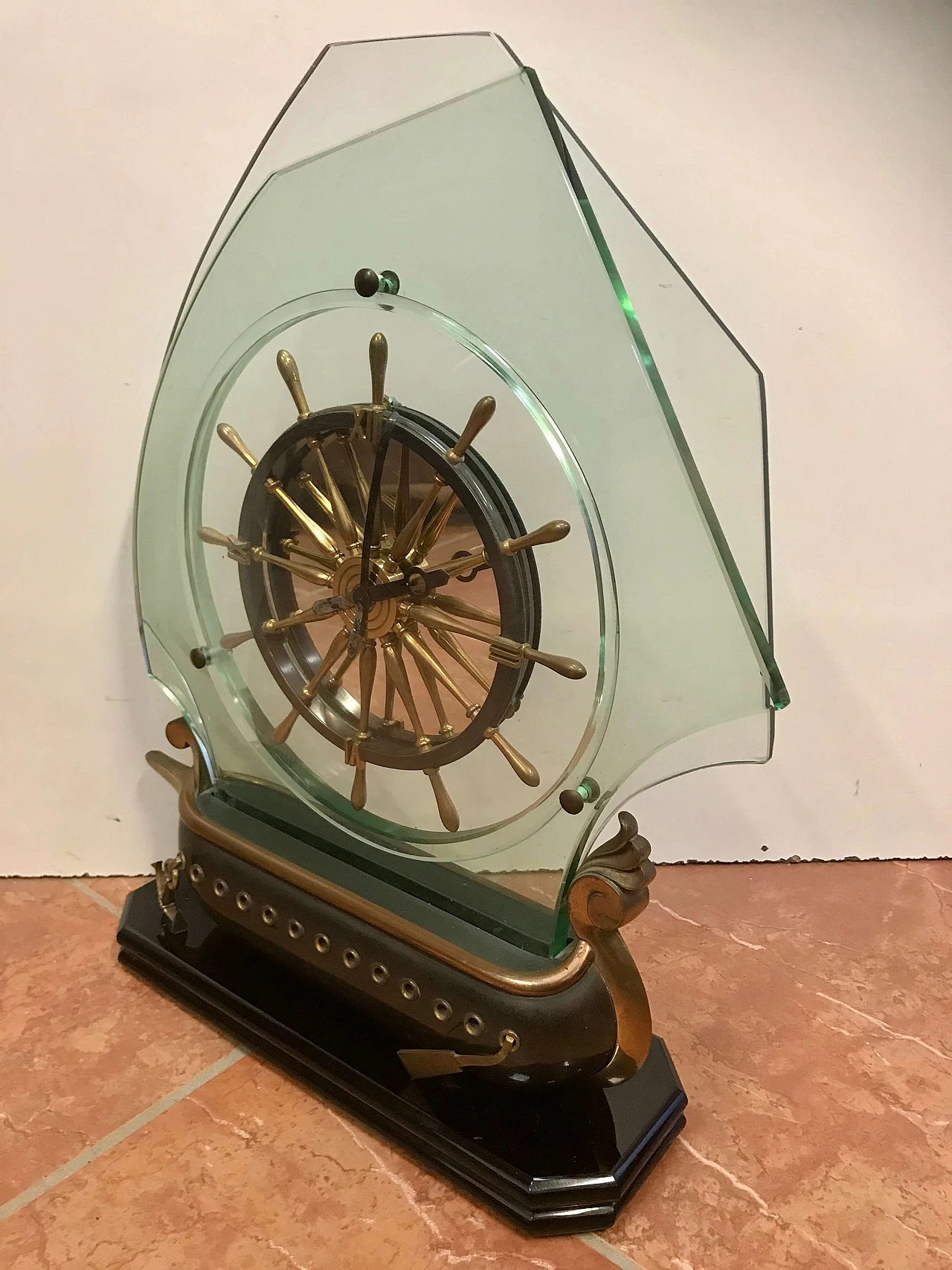 Bronze sailing ship clock with crystal sails, 50s 1256053