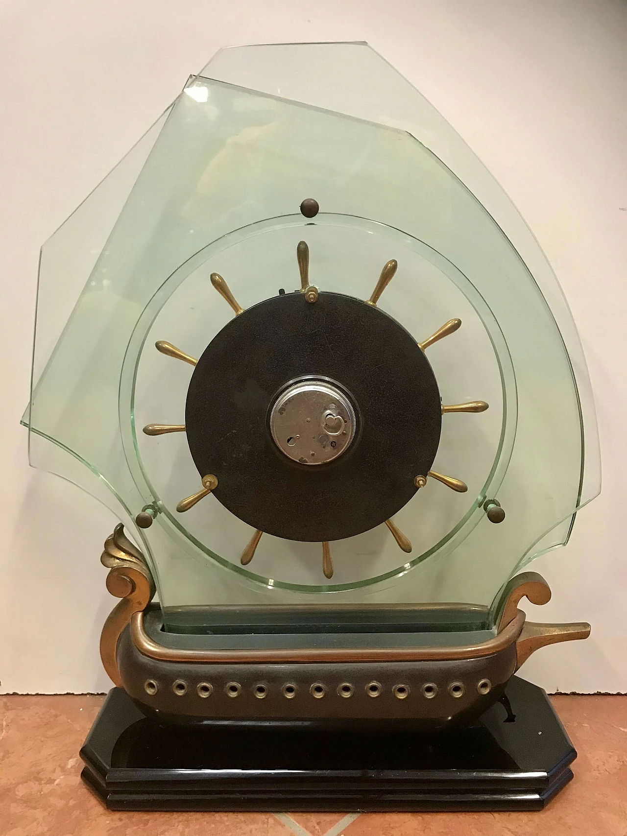 Bronze sailing ship clock with crystal sails, 50s 1256055