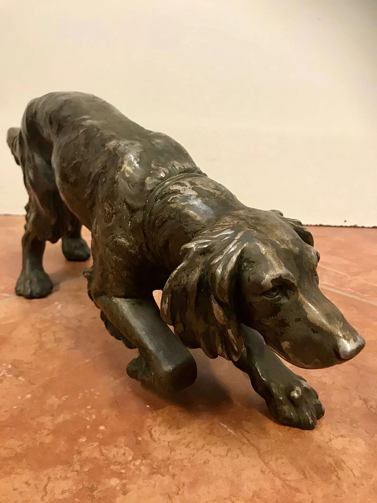 Hunting dog in terracotta laminated in silvered copper by R. Teglio, 40s 1256110