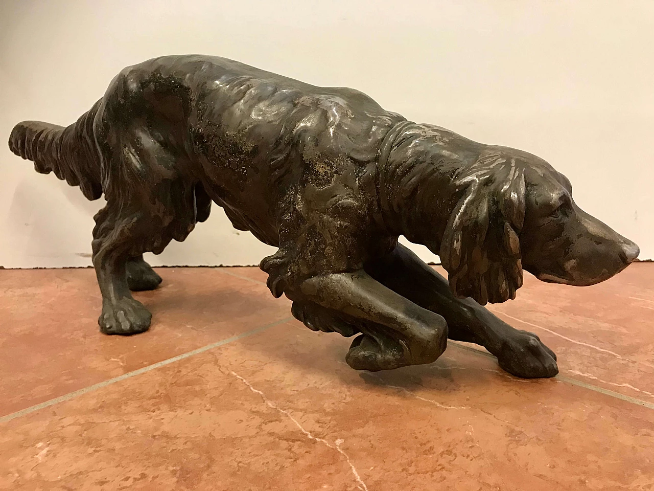 Hunting dog in terracotta laminated in silvered copper by R. Teglio, 40s 1256111