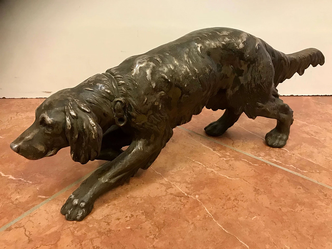 Hunting dog in terracotta laminated in silvered copper by R. Teglio, 40s 1256113