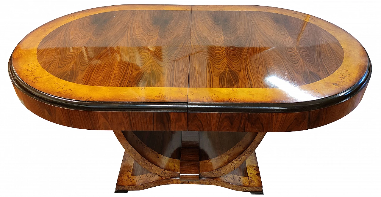 Art Deco extending table in rosewood and maple burl, 40s 1256203