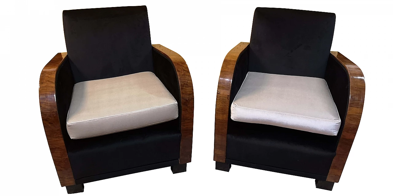 Pair of Art Deco armchairs in walnut burl and velvet, 30s 1256204