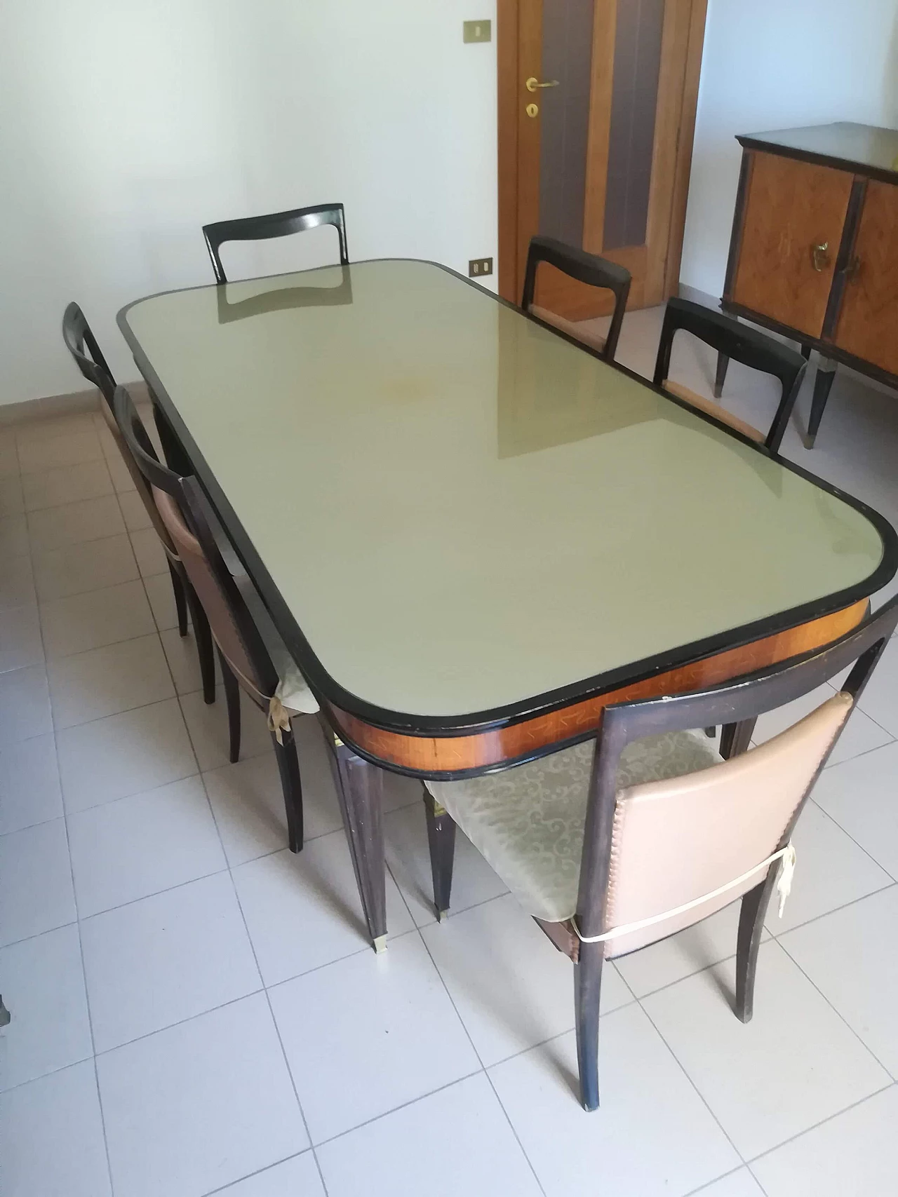 Tavolo da pranzo e 2 credenze in palissandro e ottone, anni '50 1256698