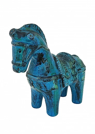 Cavallino Rimini blu in ceramica smaltata di Aldo Londi per Bitossi, anni '70