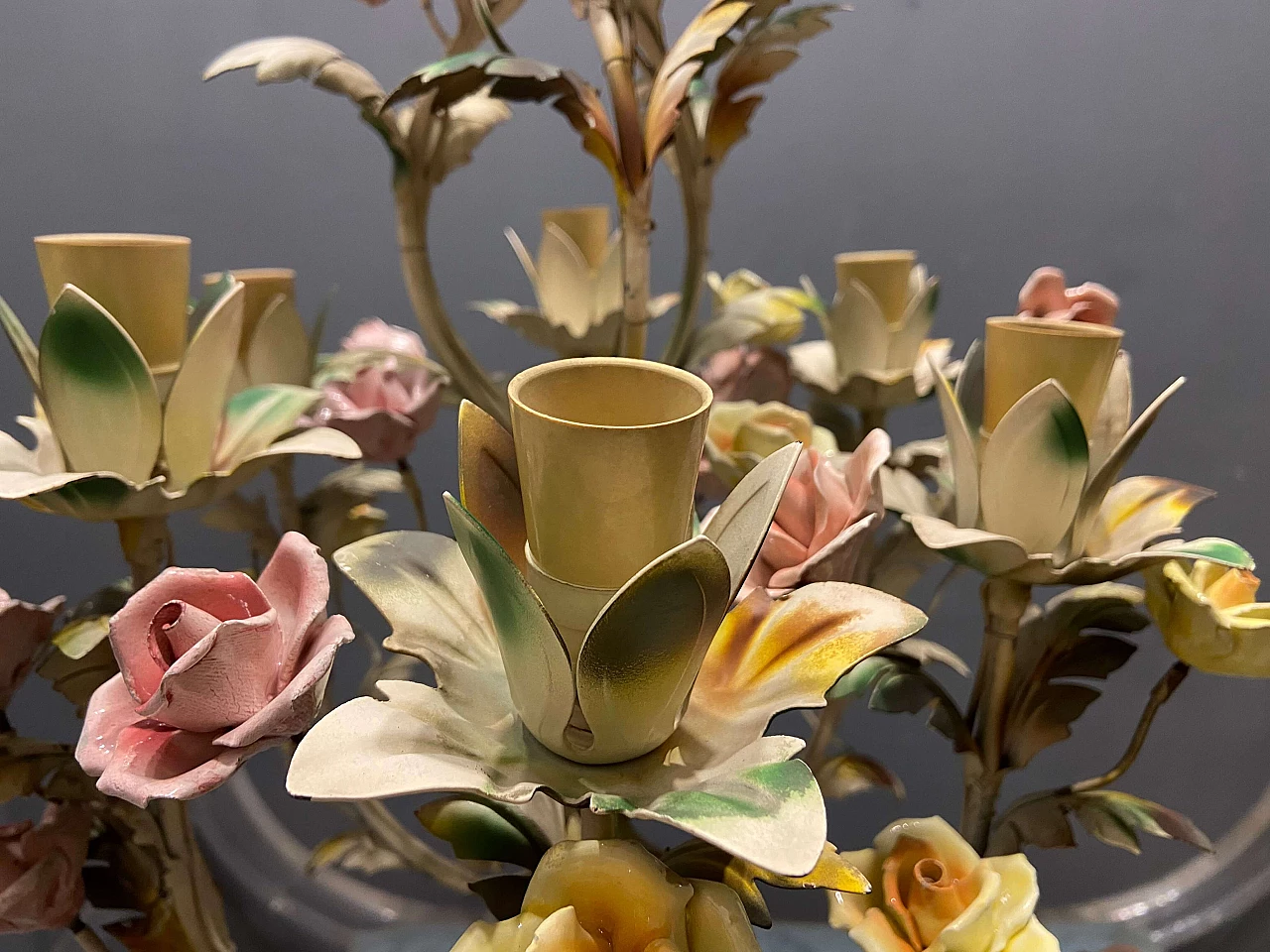 Metal and porcelain chandelier, 60s 1257147