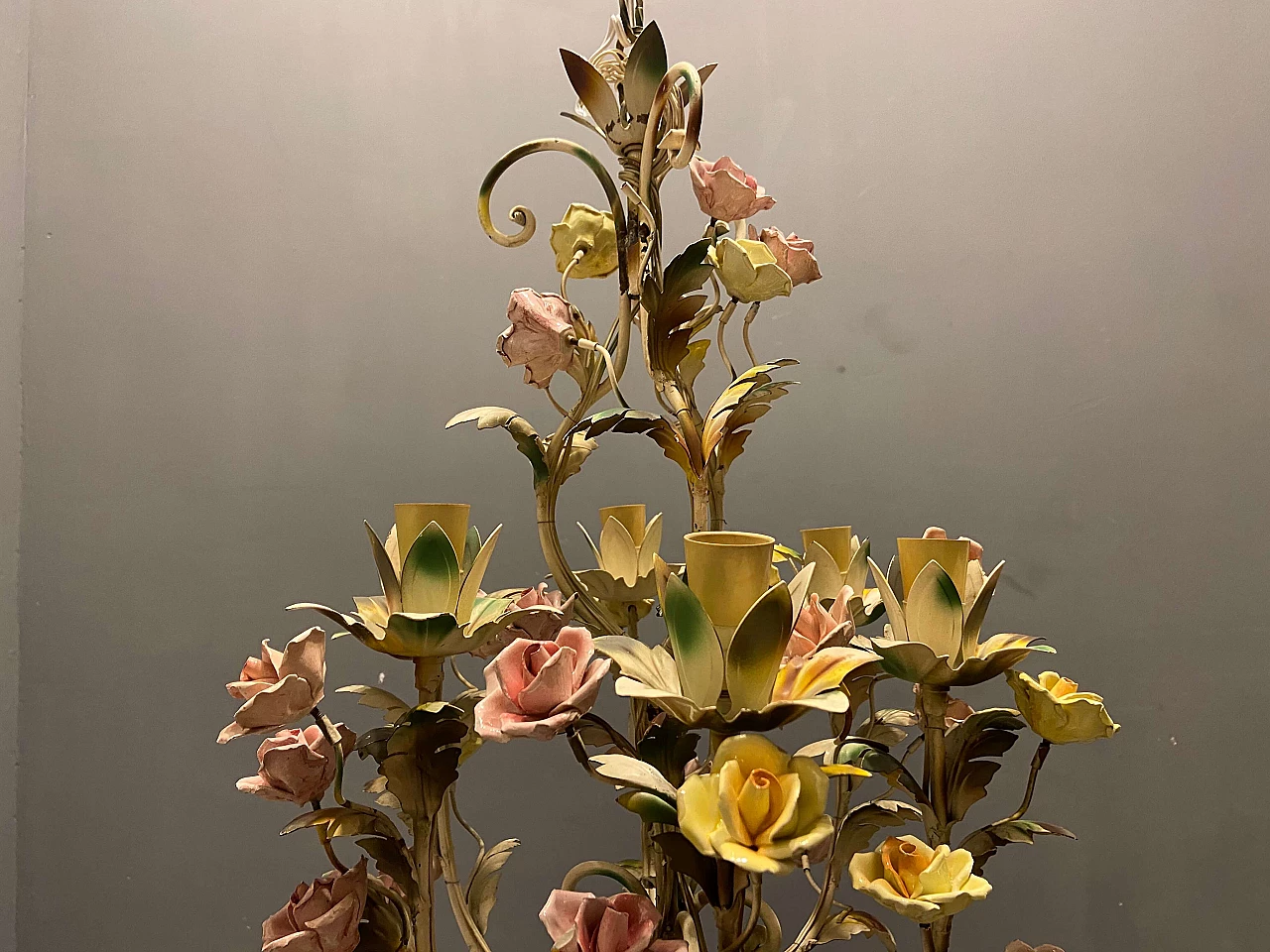 Metal and porcelain chandelier, 60s 1257148