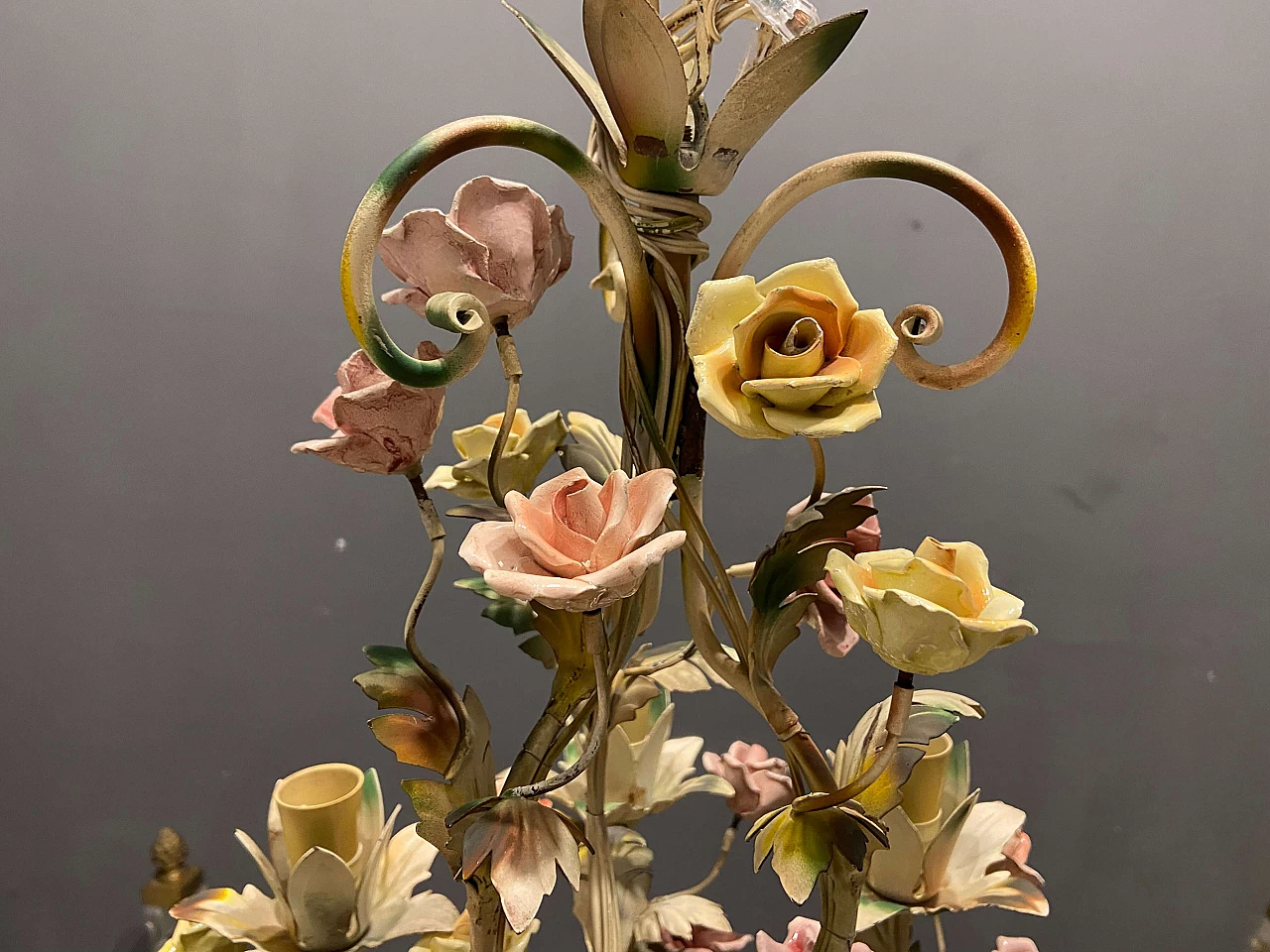 Metal and porcelain chandelier, 60s 1257149