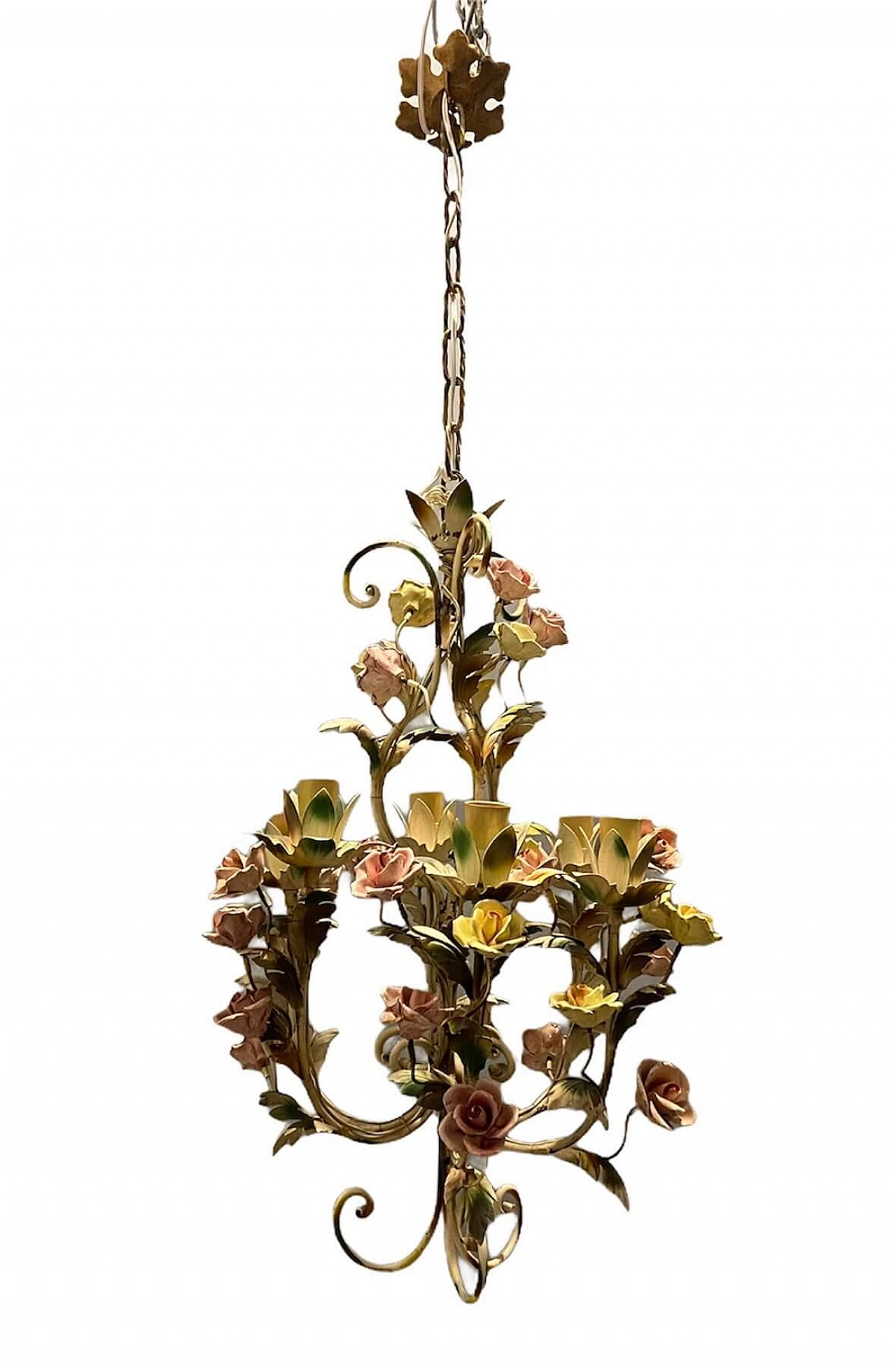 Metal and porcelain chandelier, 60s 1257151
