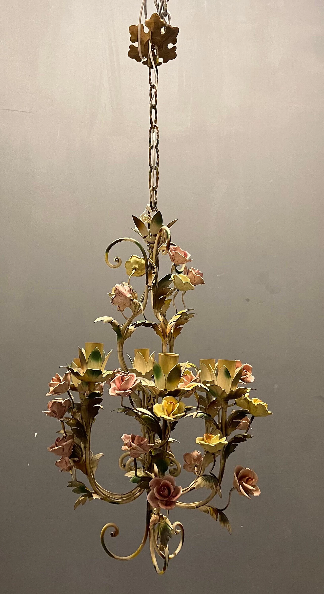 Metal and porcelain chandelier, 60s 1257152