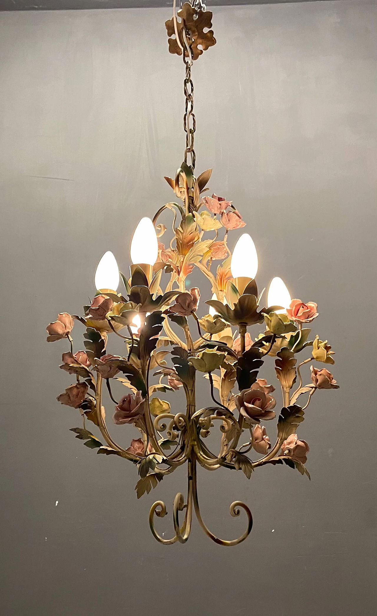 Metal and porcelain chandelier, 60s 1257153