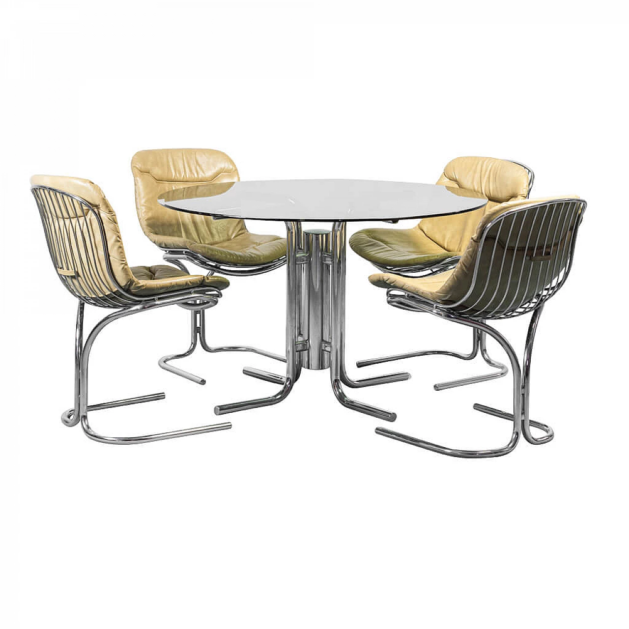 Tavolo in metallo e vetro fumè con 4 sedie di Gastone Rinaldi per Rima, anni '70 1257514