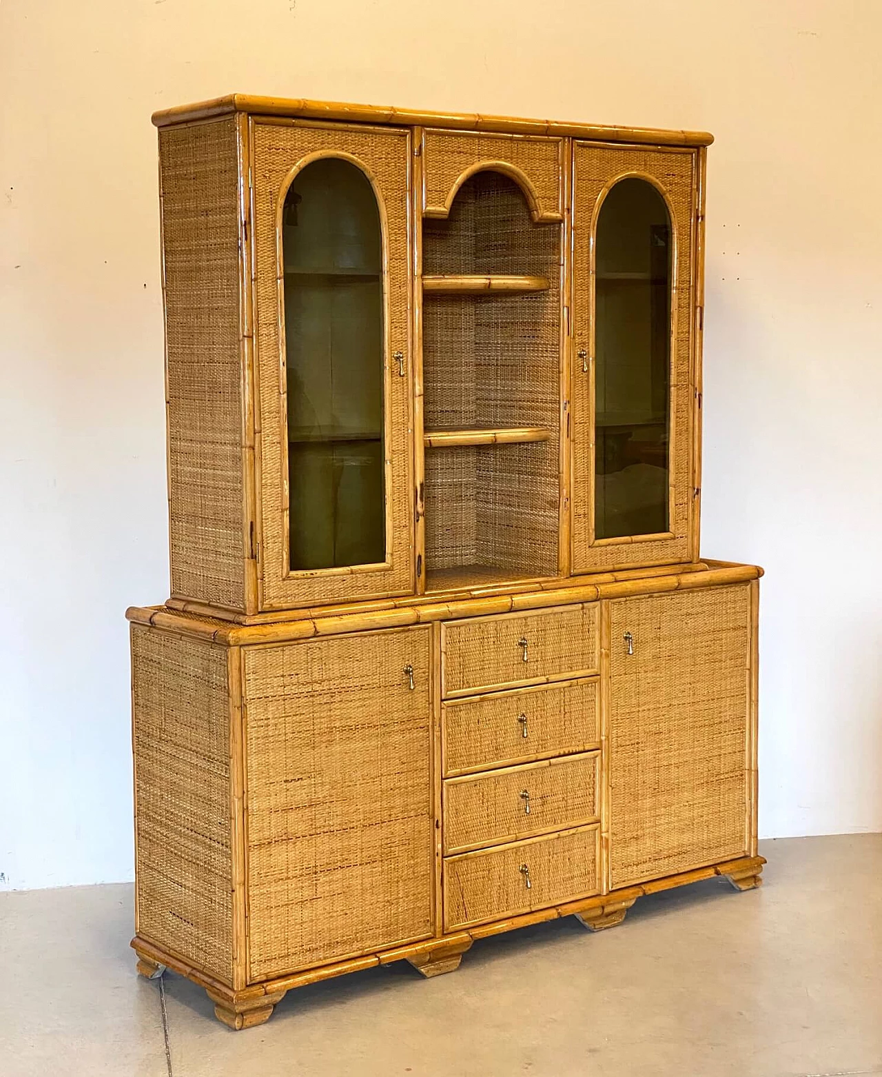 Sideboard with riser in bamboo and wicker, 1970s 1257767