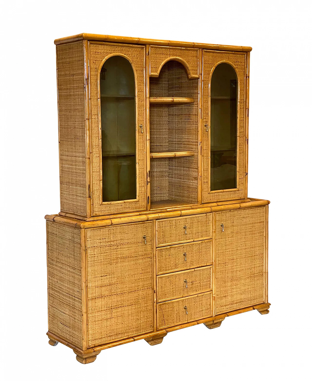 Sideboard with riser in bamboo and wicker, 1970s 1257842
